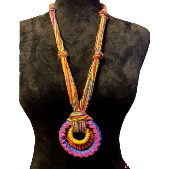 Handcrafted Rainbow Colors Statement Necklace Circular Pendant Boho Hippie Artsy - Picture 1 of 11